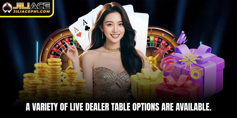 A variety of live dealer table options are available.